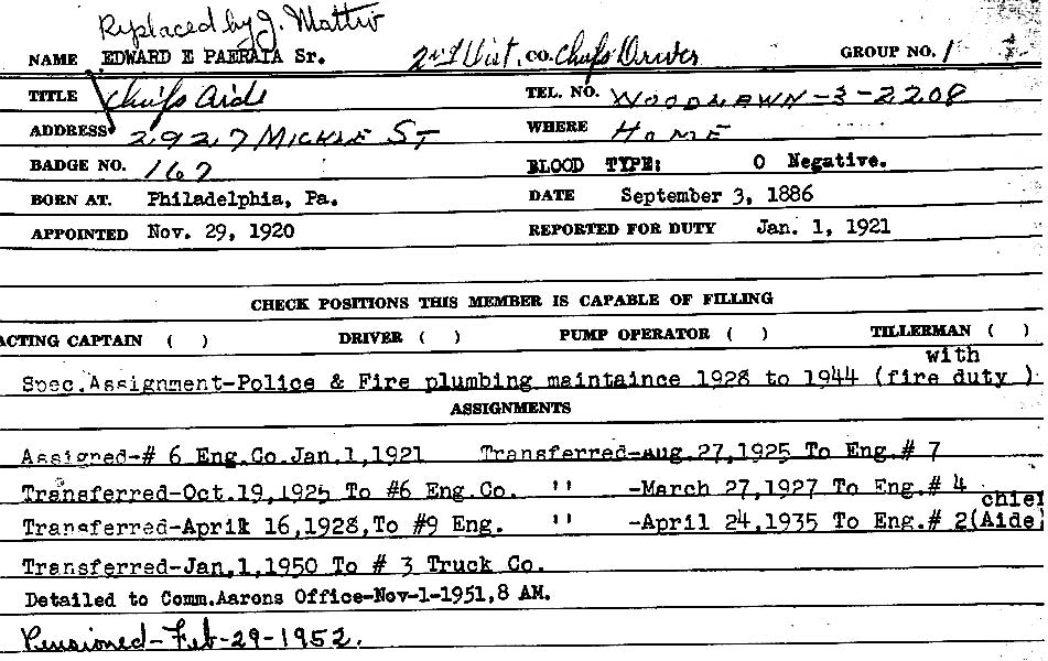 Camden Fire Department index card for Edward E. Peraria Sr., showing assignments from 1921 to 1952