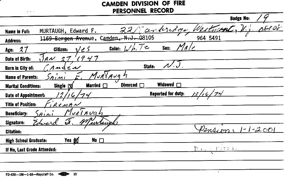 Edward F. Murtaugh Camden Fire Department personnel record card