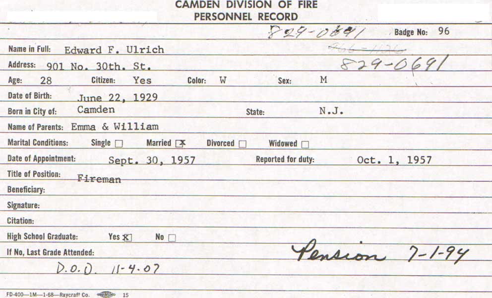 Edward F. Ulrich Camden Division of Fire personnel record