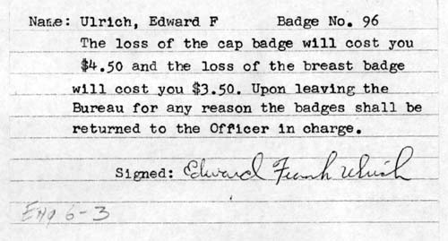 Edward F. Ulrich badge card, Badge No. 96