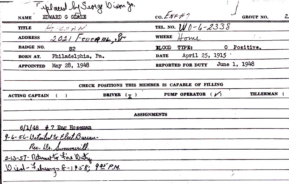 Edward G. Glaze Camden Fire Department personnel record card