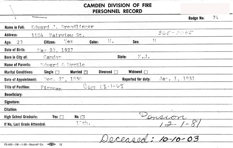 Camden Division of Fire Personnel Record for Edward J. Brendlinger, Badge No. 74