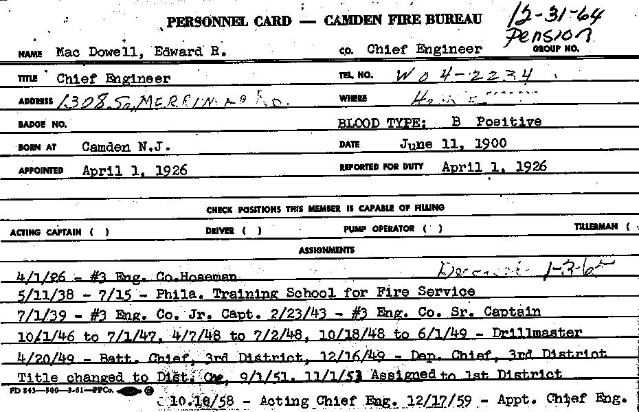 Edward MacDowell fire department service record card