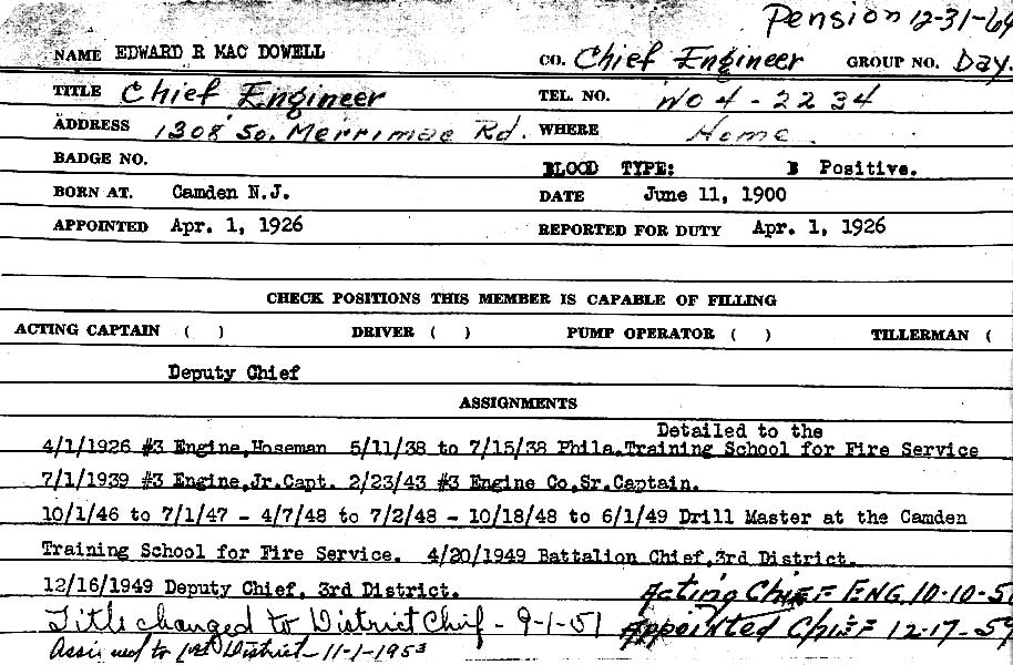 Edward MacDowell fire department service record card — continued