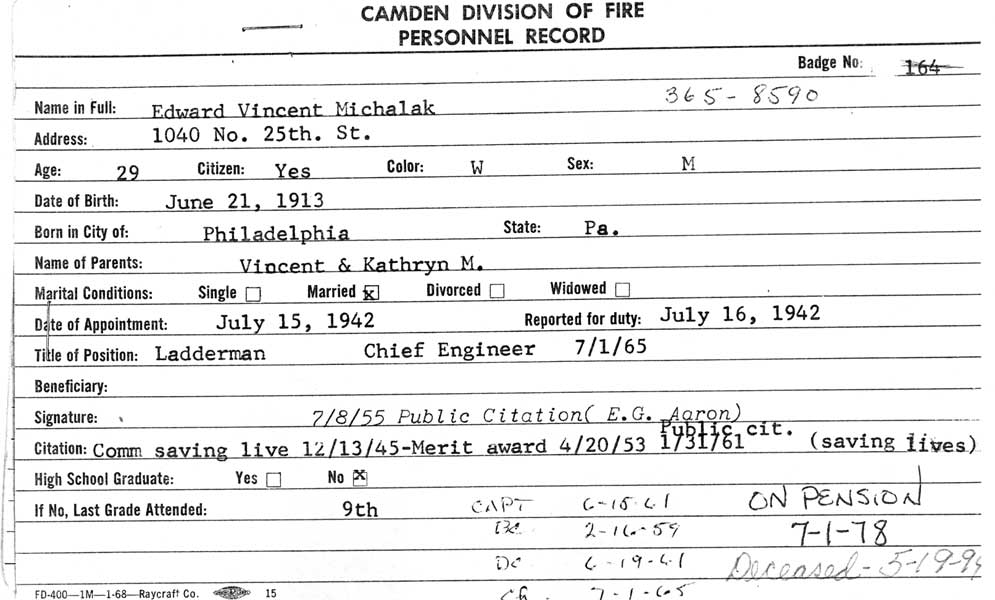 Memorial card for Chief Edward Michalak, 1994
