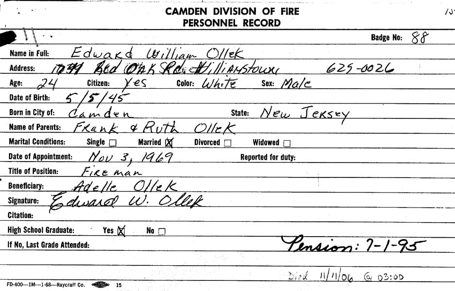 Camden Division of Fire Personnel Record for Edward W. Ollek, Badge No. 88