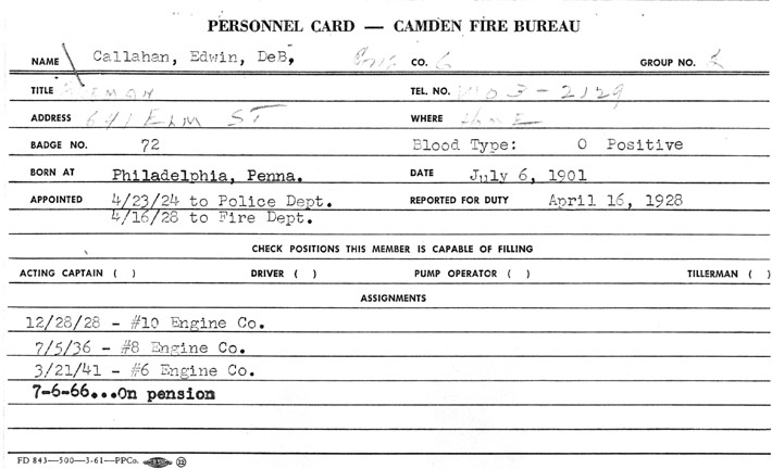 Edwin De B. Callahan Camden Fire Department personnel record
