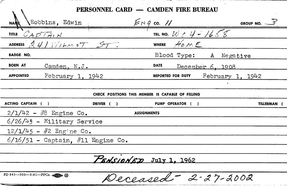 Edwin Robbins Camden Fire Department personnel record