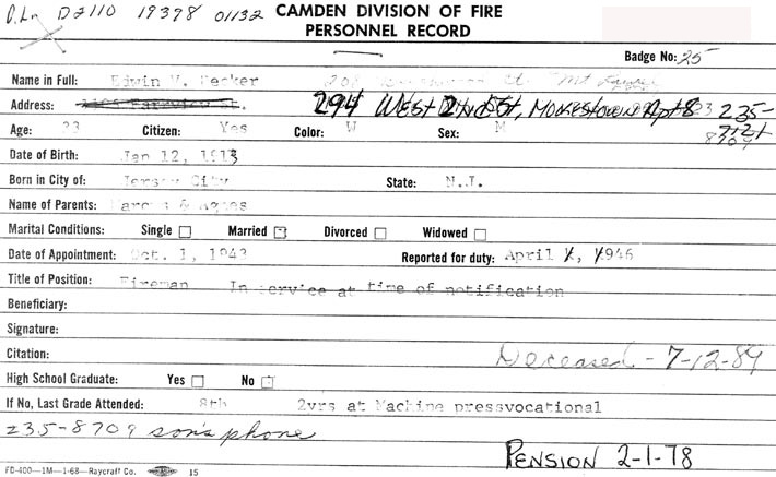 Edwin V. Decker Camden Division of Fire personnel record