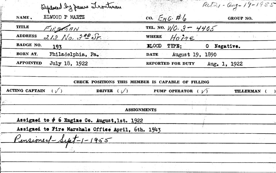 Elwood P. Martz Camden Fire Department personnel record