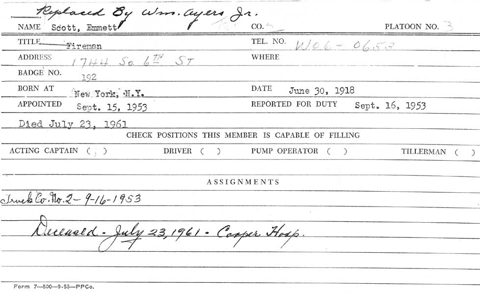 Emmett Scott fire department personnel card