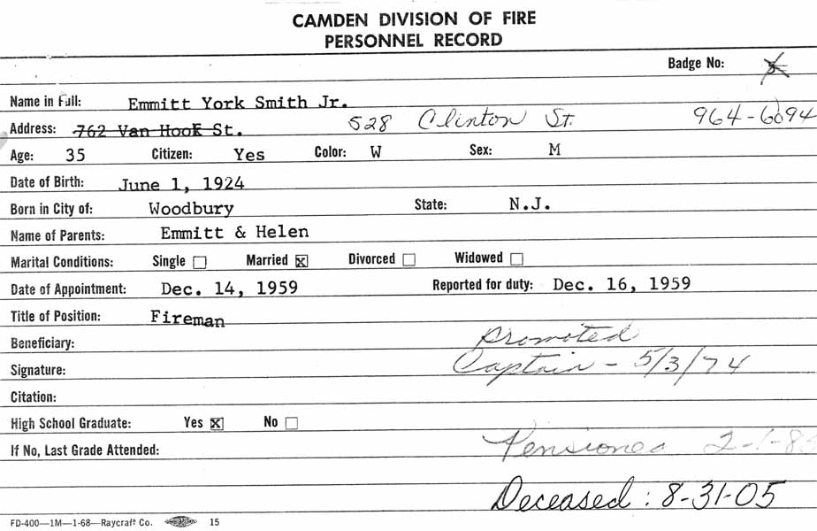 Fire Department record card for Emmitt York Smith Jr., page 1