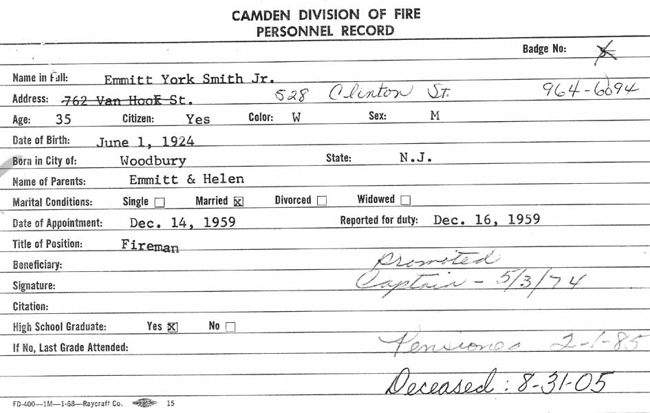 Fire Department record card for Emmitt York Smith Jr., page 2