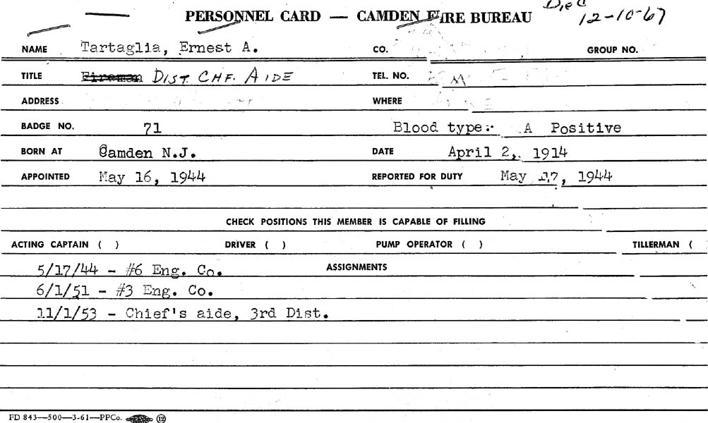 Ernest Tartaglia death card