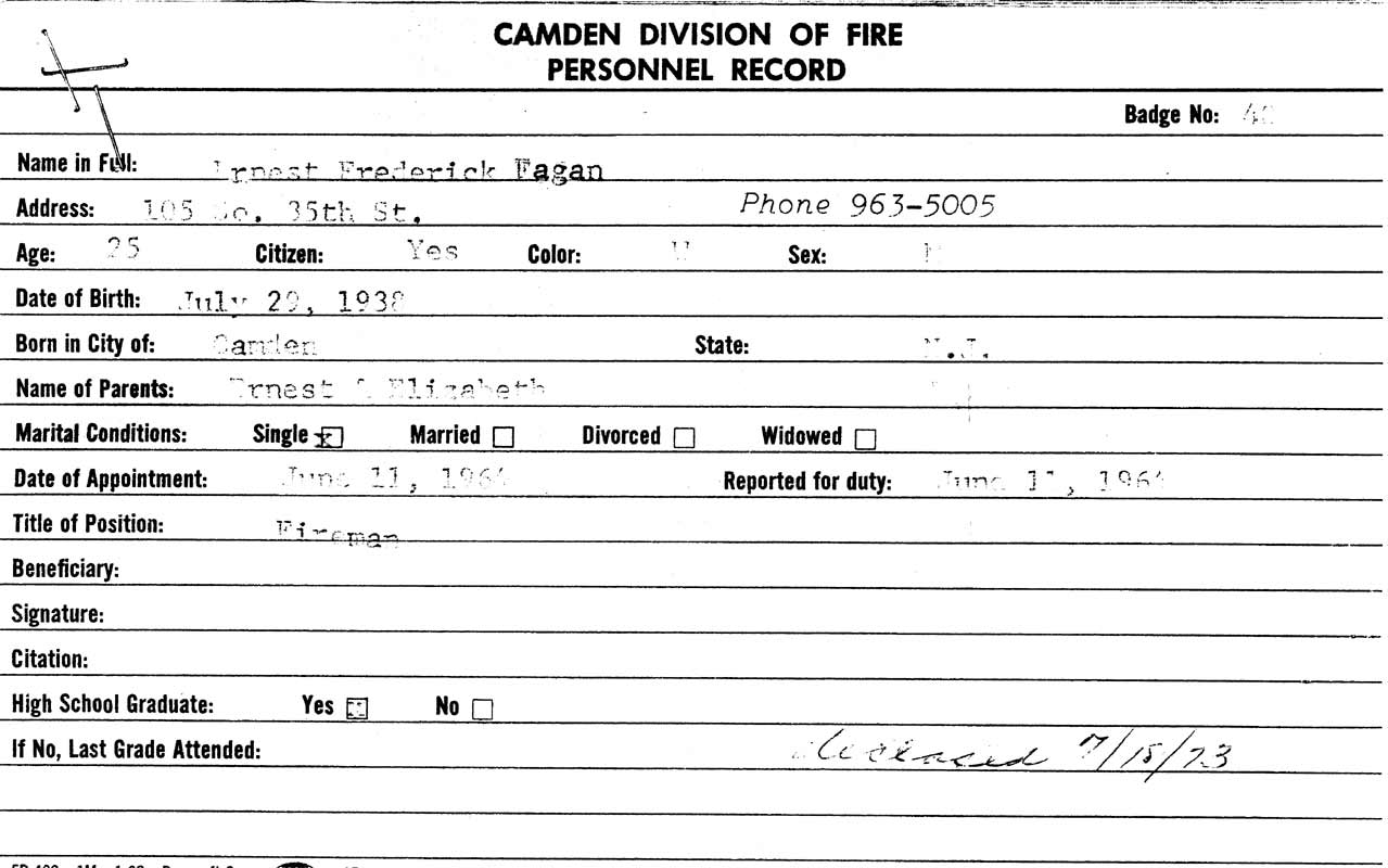Ernest F. Fagan Camden Fire Department personnel record