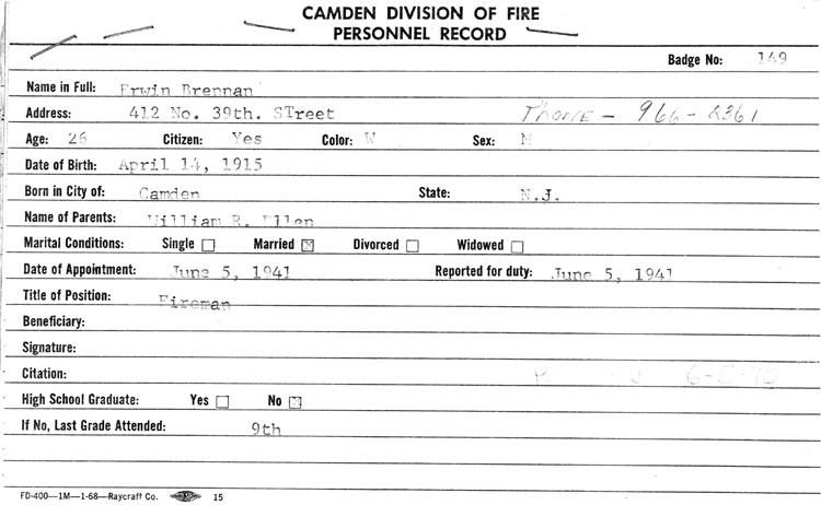 Erwin Brennan Camden Fire Department personnel record