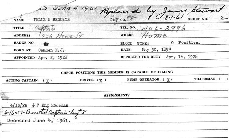 Camden Fire Department personnel card for Captain Felix E. Bendzyn