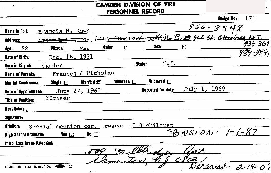Camden Division of Fire Personnel Record for Francis N. Kawa, front