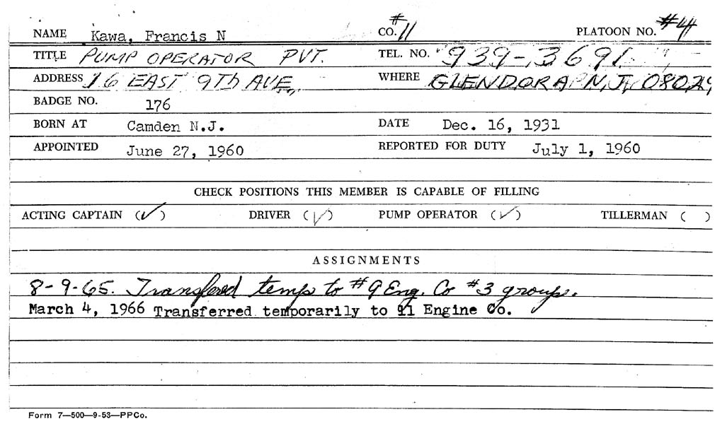 Camden Division of Fire Personnel Record for Francis N. Kawa, reverse