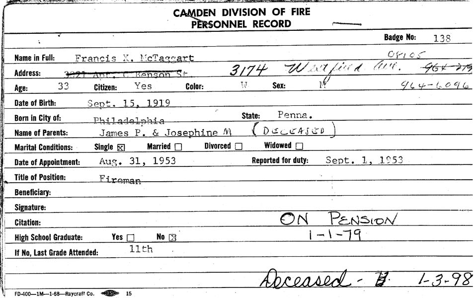 Camden Division of Fire Personnel Record — Francis X. McTaggart, Badge No. 138