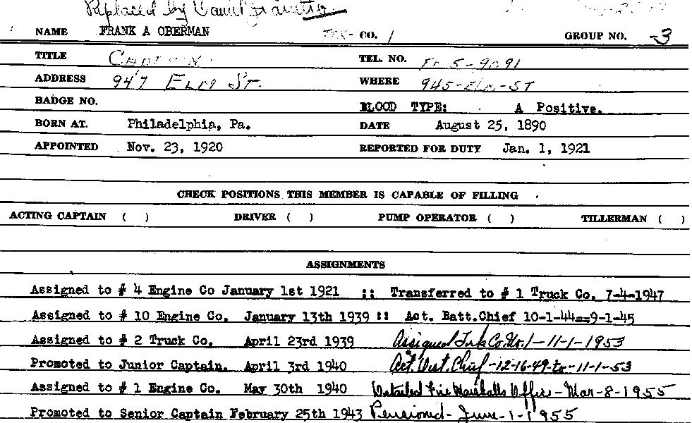 Frank A. Oberman Camden Fire Department personnel card