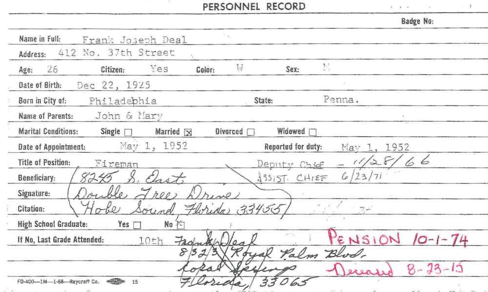 Frank J. Deal Fire Department personnel card, side 1