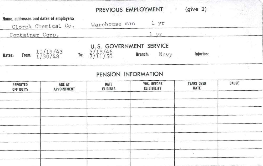 Frank J. Deal Fire Department personnel card, side 2
