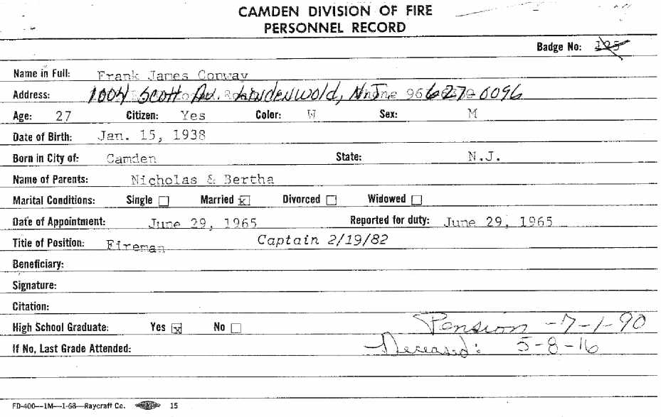 Frank J. Conway fire card