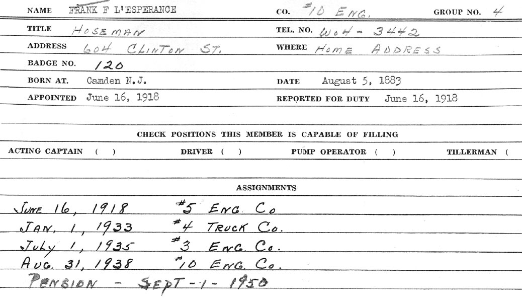 Frank F. L'Esperance Fire Department Service Card