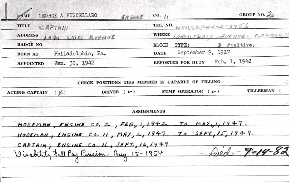 Camden Fire Department service record card for George A. Fuscellaro