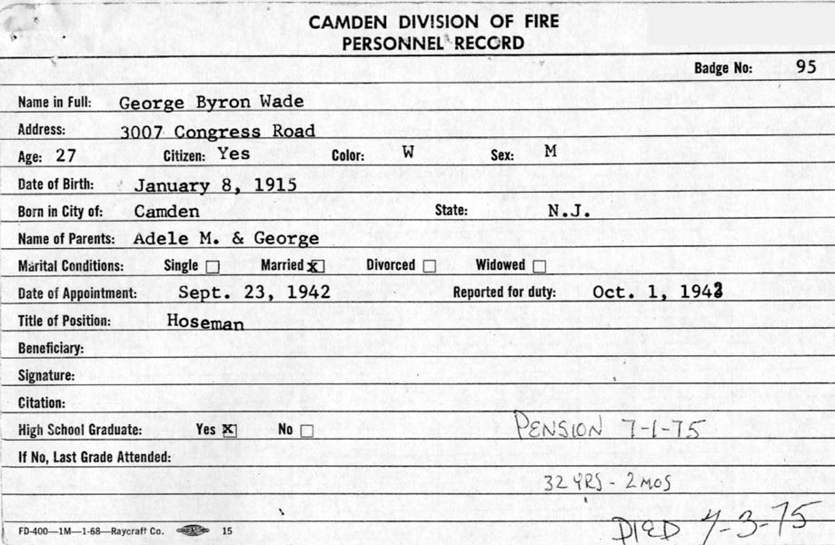 Camden Division of Fire Personnel Record — George Byron Wade III, page 1