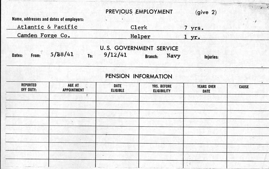Camden Division of Fire Personnel Record — George Byron Wade III, page 2 (Previous Employment and Pension Information)