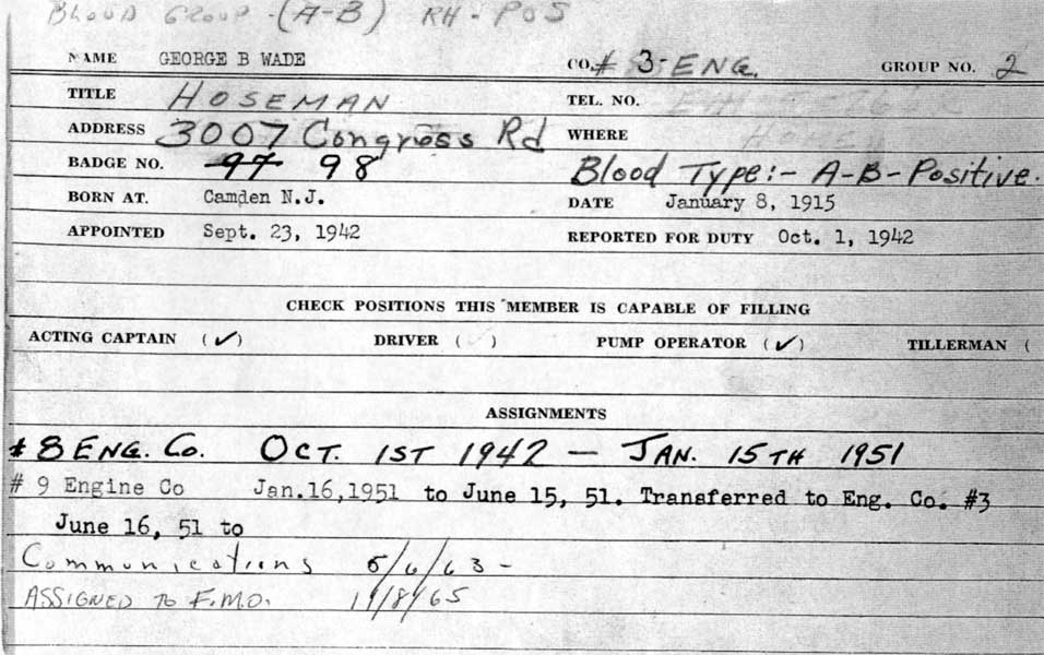 Camden Division of Fire Service Record — George B. Wade III, assignments