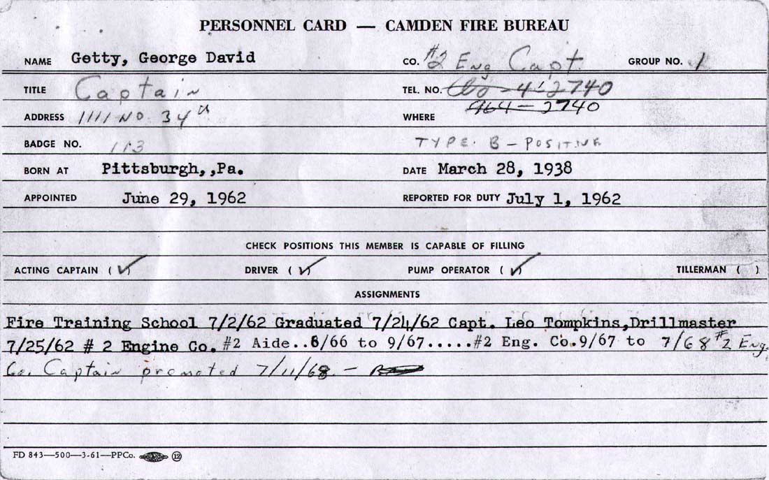 George D. Getty Sr. fire department record card — front