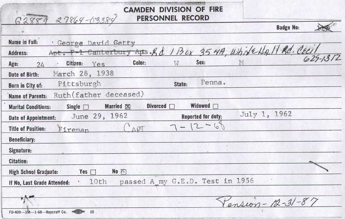 George D. Getty Sr. fire department record card — back