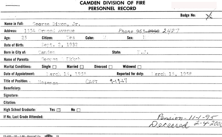 George Dixon Jr. fire department card