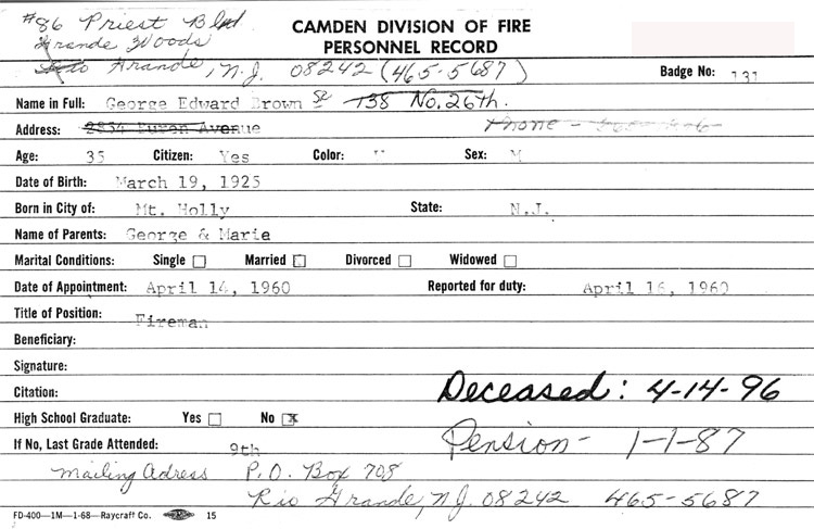 Camden Fire Department service record card for the Brown family