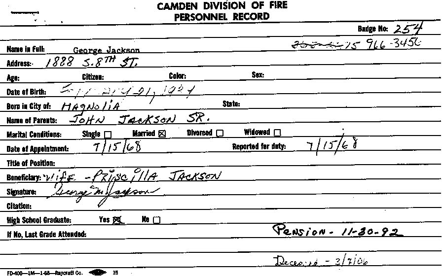 George M. Jackson fire department service record card