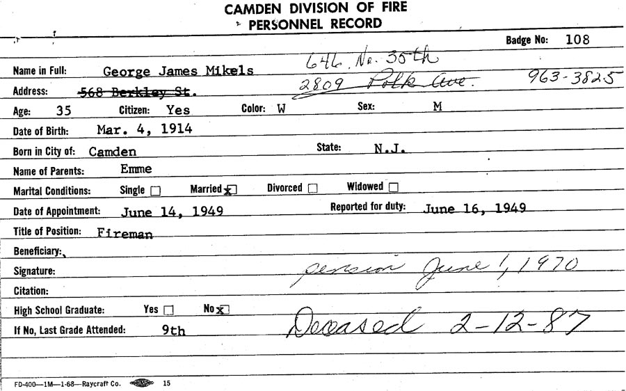 George J. Mikels personnel record front