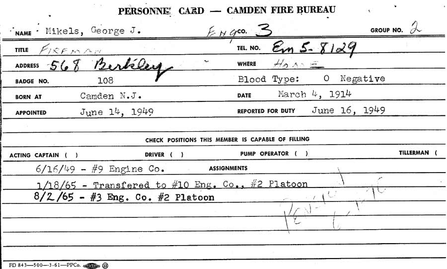George J. Mikels personnel card