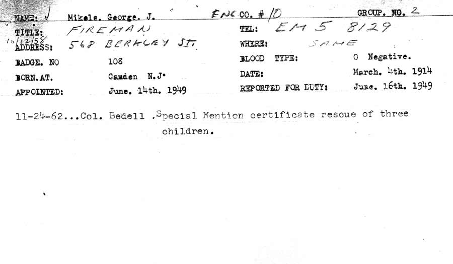 George J. Mikels additional personnel card