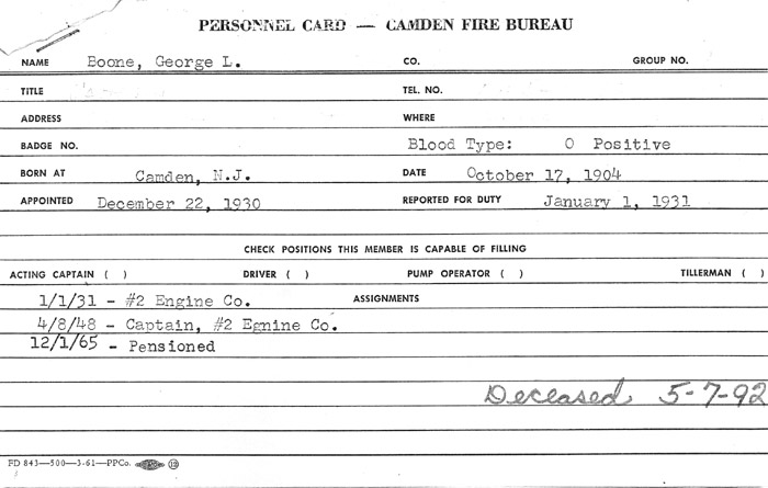 George L. Boone Camden Division of Fire personnel card