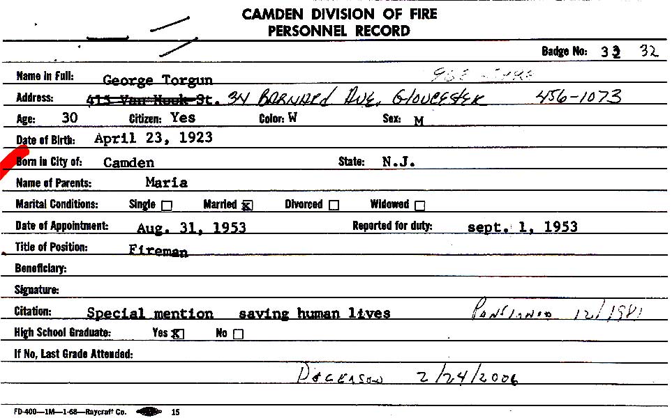George Torgun fire department identification card, back