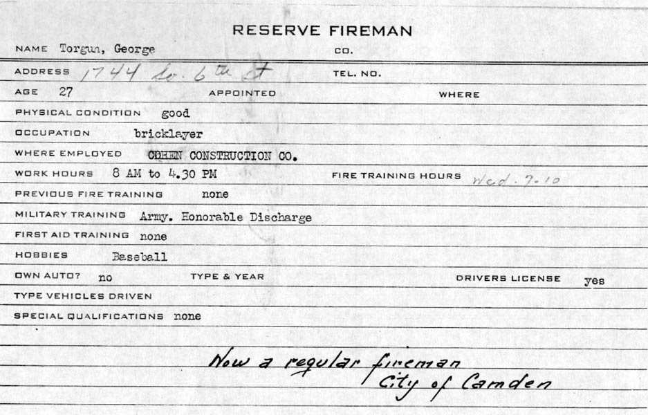 George Torgun fire department identification card, front