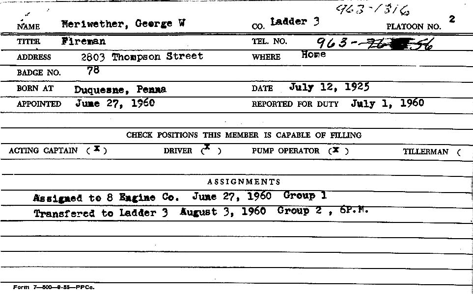 Personnel Card — George W. Meriwether, Camden Fire Bureau