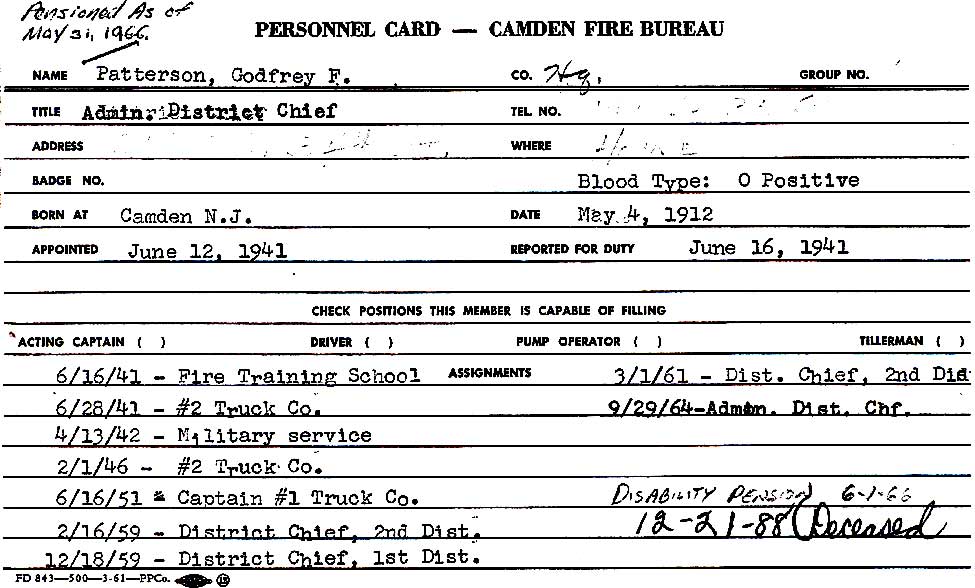 Personnel Card — Godfrey F. Patterson, Camden Fire Bureau