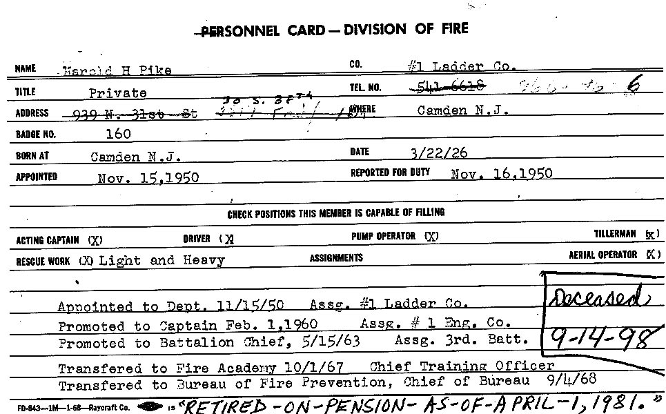 Camden Fire Department Personnel Card for Harold H. Pike