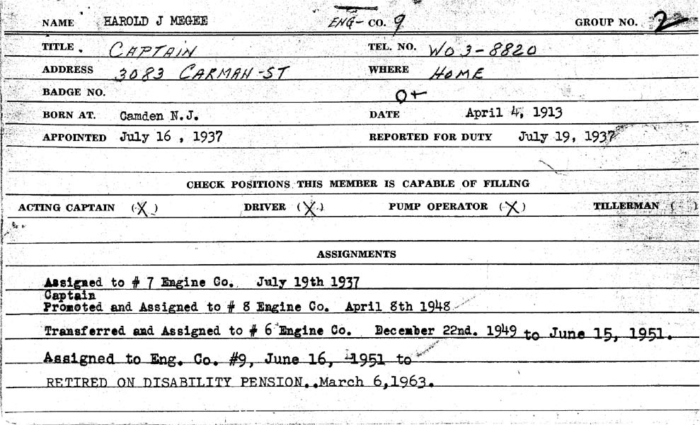 Camden Fire Department service record card for Harold J. Megee, page 1