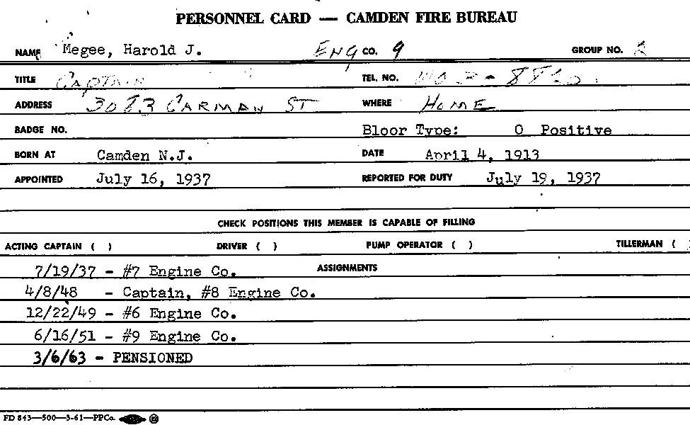 Camden Fire Department service record card for Harold J. Megee, page 2