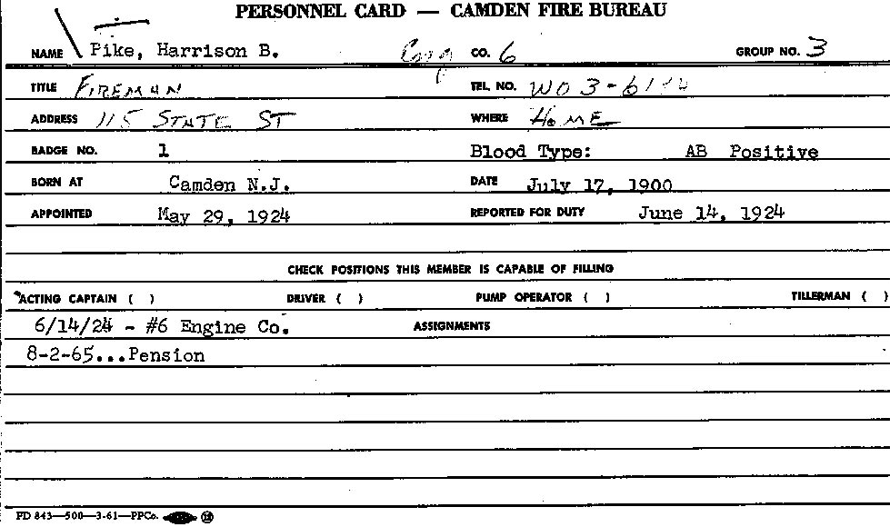 Camden Fire Bureau personnel card for Harrison B. Pike